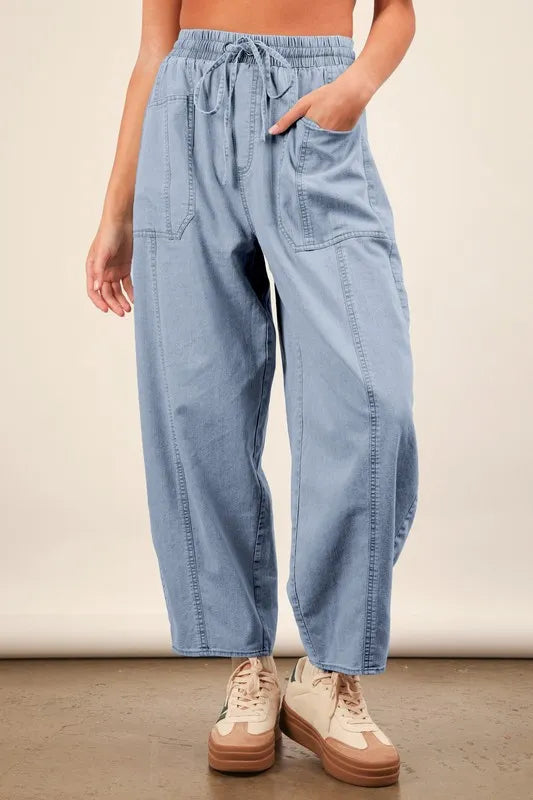 Image of VERY J Washed Chambray Barrel Denim Pants | Queeble.shop