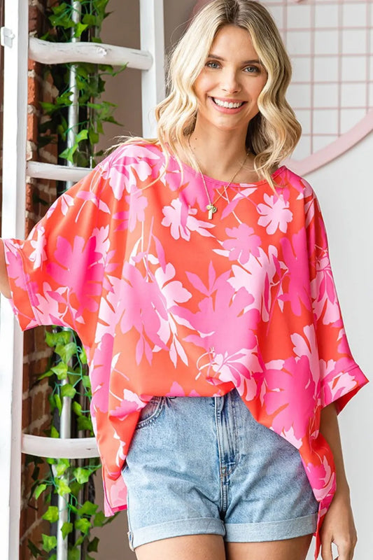 Image of First Love Slit Printed Round Neck Half Sleeve Blouse | Queeble.shop