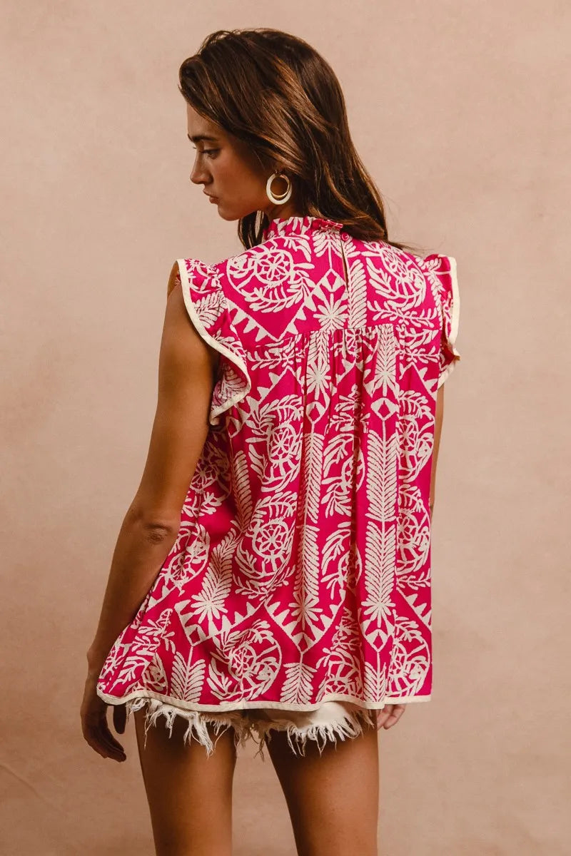 Image of BiBi Printed Ruffle Sleeve Top | Queeble.shop