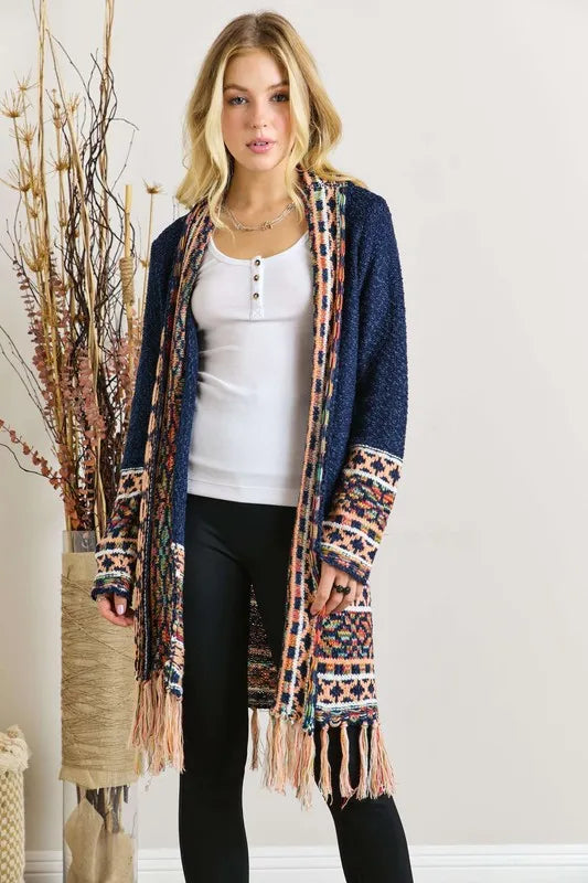 Image of ADORA Full Size Fringe Hem Aztec Border Cardigan Plus Size | Queeble.shop