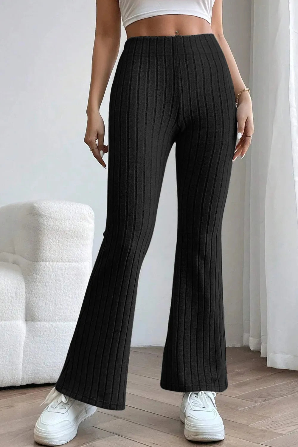 Image of Basic Bae Full Size Ribbed High Waist Flare Pants | Queeble.shop