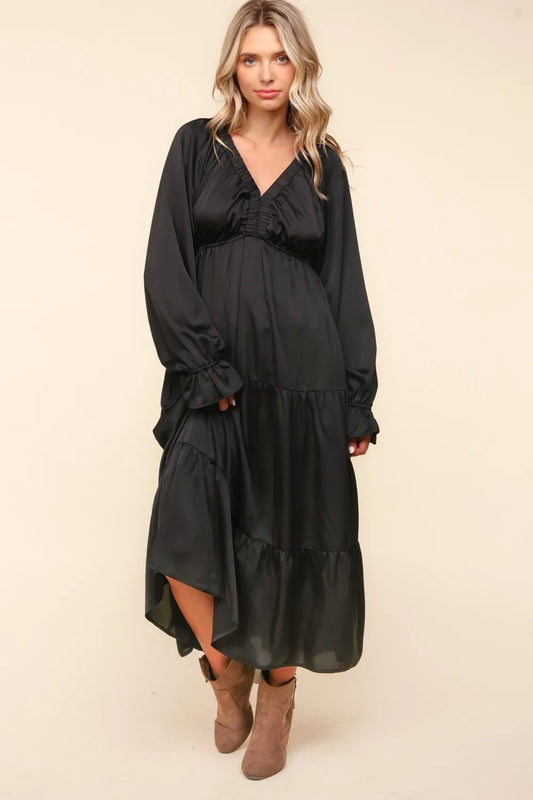 Image of Haptics Flounce Sleeve Tiered Midi Dress with Pockets | Queeble.shop