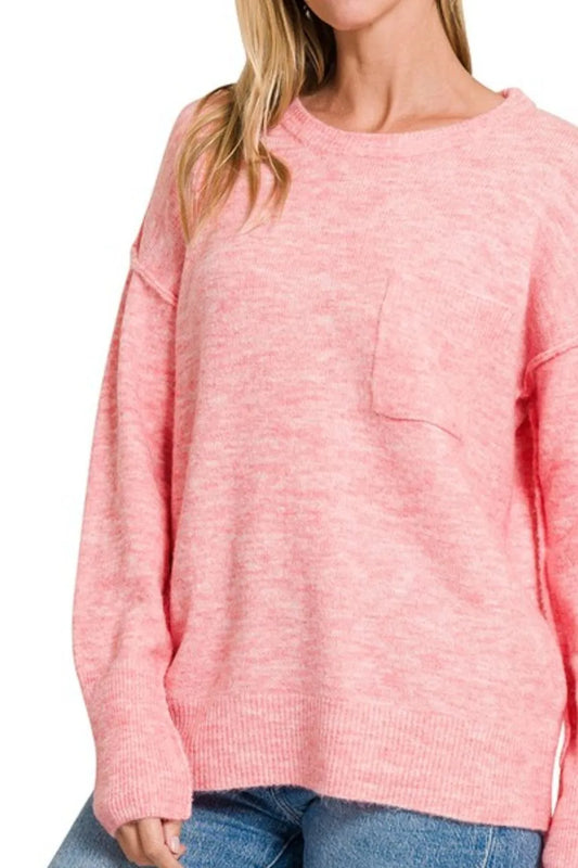 Image of Zenana Melange Hi-low Hem Round Neck Sweater | Queeble.shop