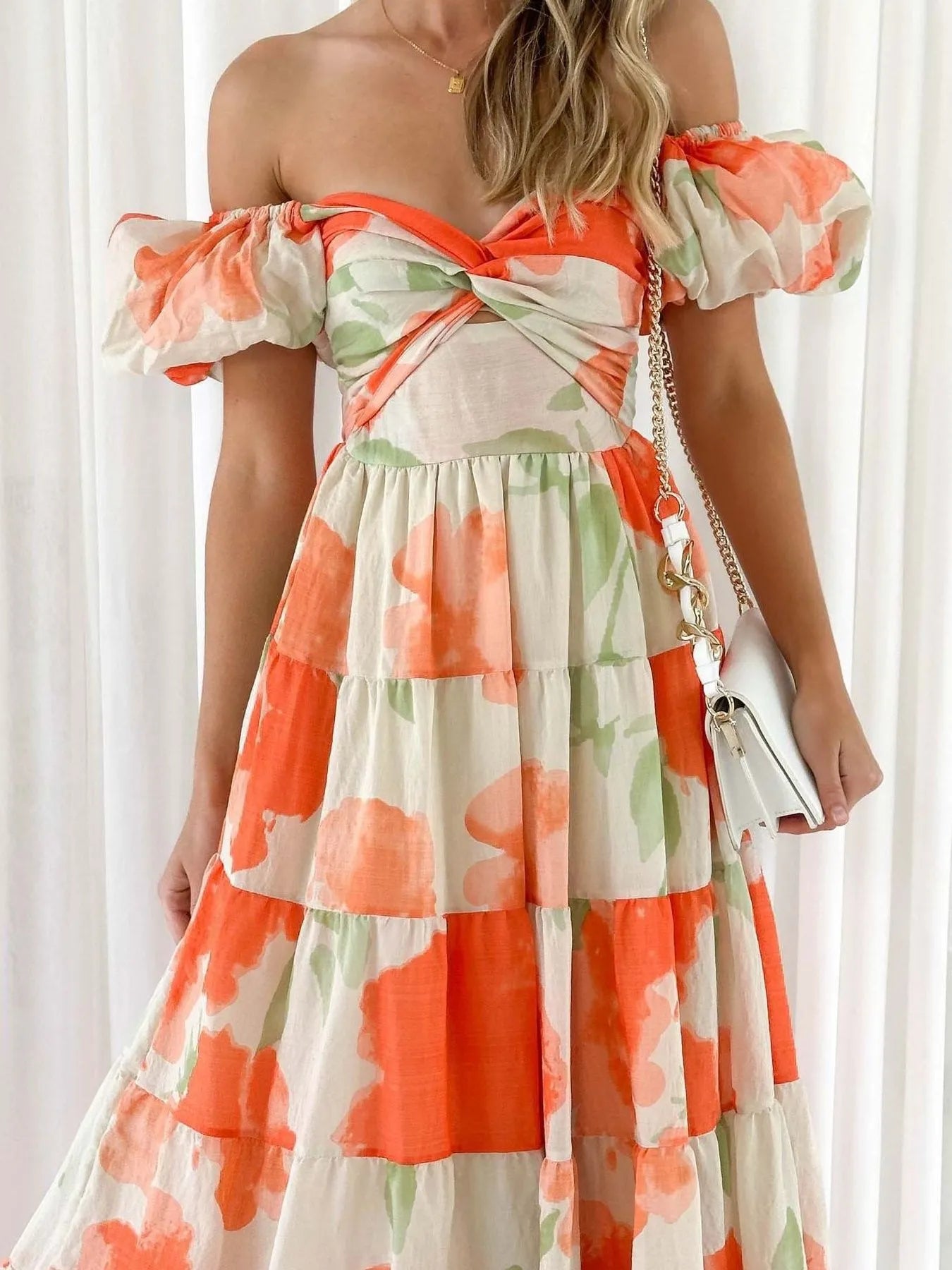 Image of Off-Shoulder Floral Tiered Dress with Ruffle Details | Queeble.shop