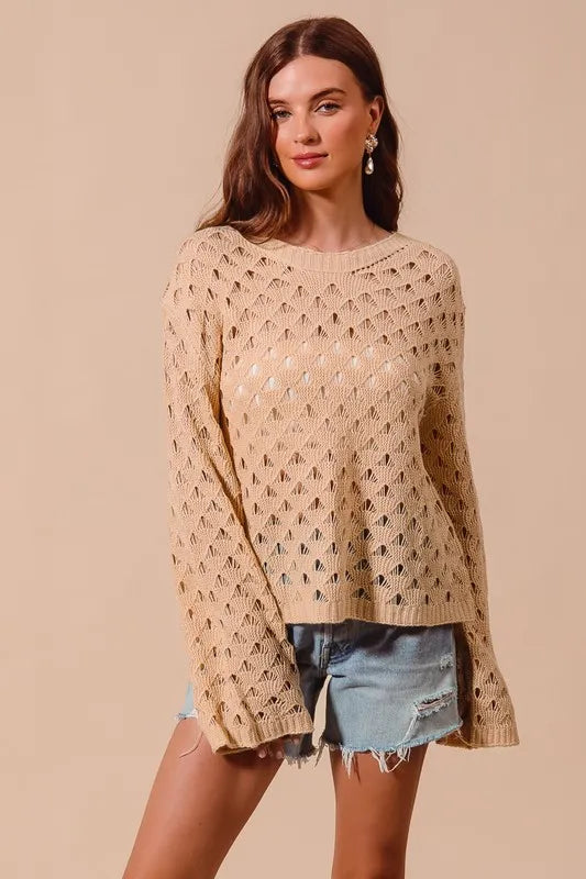 Image of SO ME Geometric Pattern Open Knit Lightweight Sweater | Queeble.shop