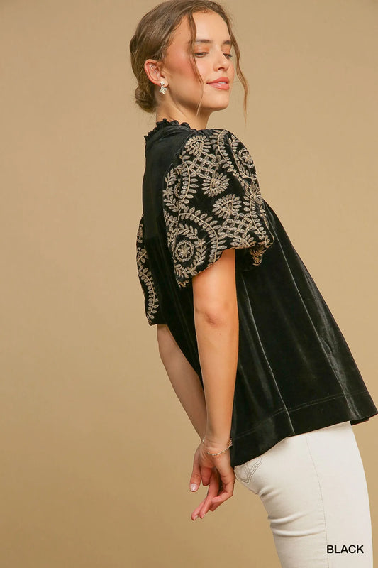 Image of Umgee Full Size Velvet Embroidered Sleeve Blouse Plus Size | Queeble.shop