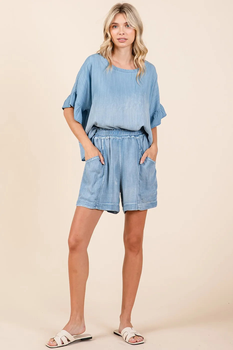 Image of Mittoshop Washed Chambray Elastic Waist Easy Fit Shorts | Queeble.shop