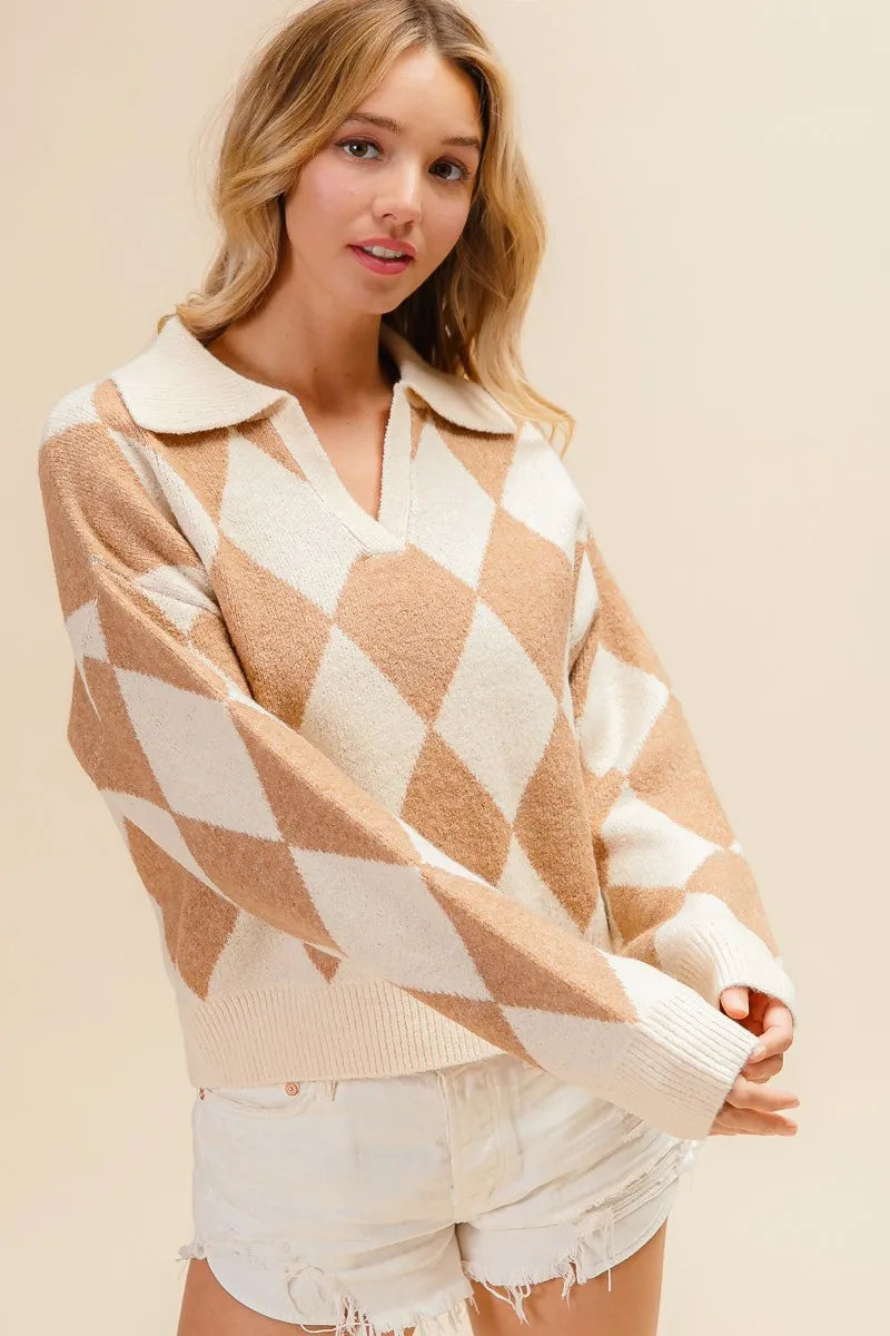 Image of BiBi Diamond Pattern Collared Notch Neck Sweater | Queeble.shop