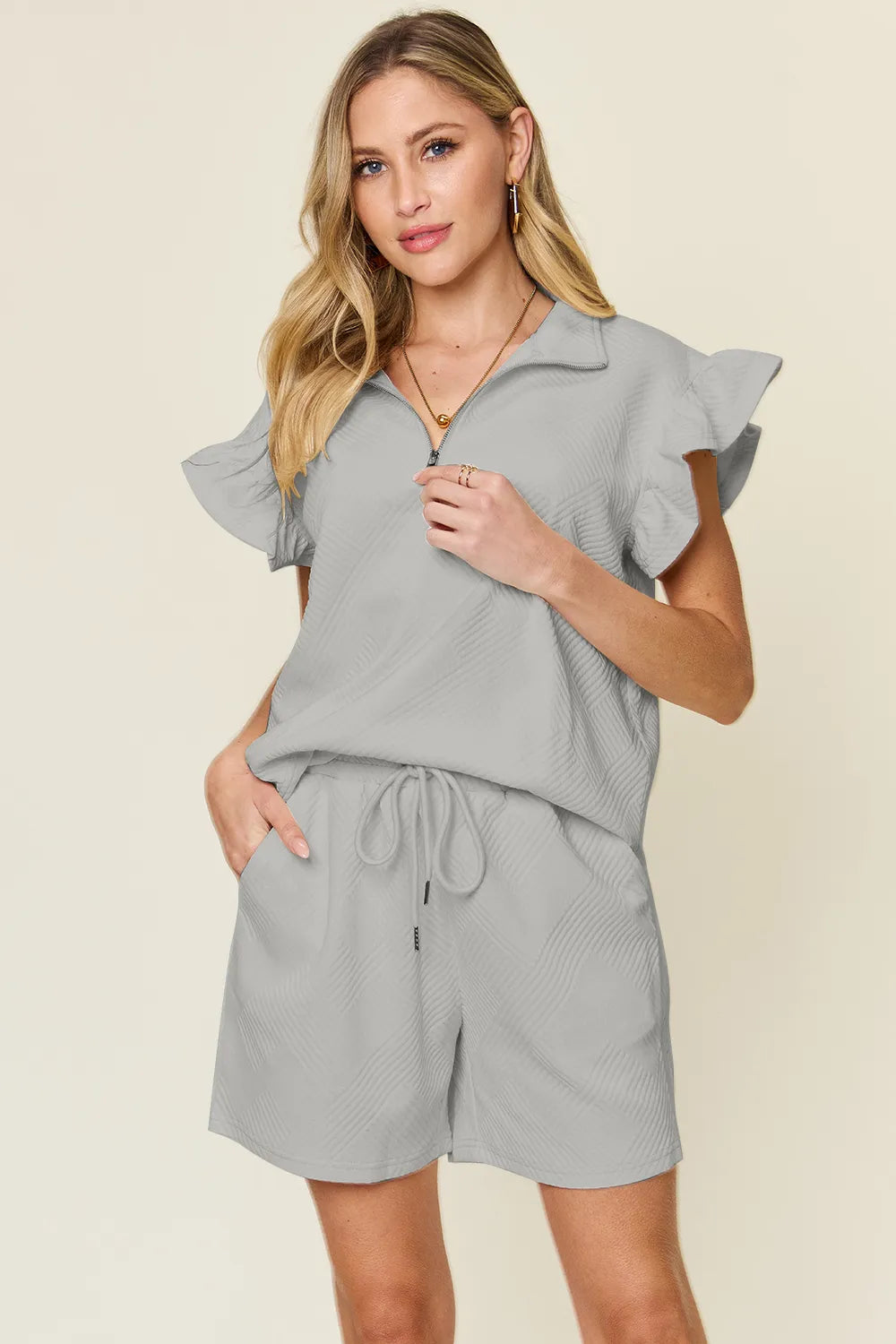 Image of Double Take Full Size Texture Flounce Sleeve Top and Drawstring Shorts Set | Queeble.shop
