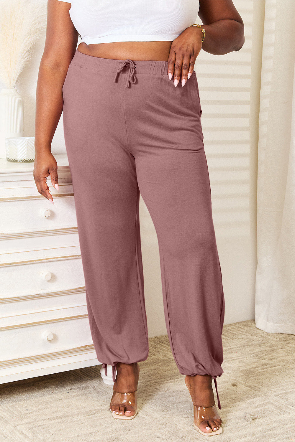 Image of Basic Bae Full Size Soft Rayon Drawstring Waist Pants with Pockets | Queeble.shop