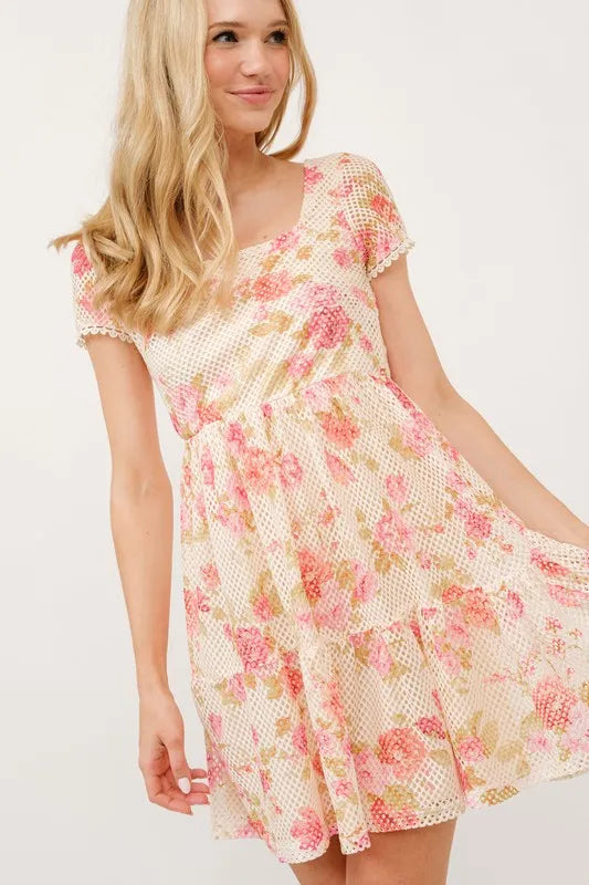 Image of And The Why Square Neck Tiered Floral Fishnet Dress | Queeble.shop