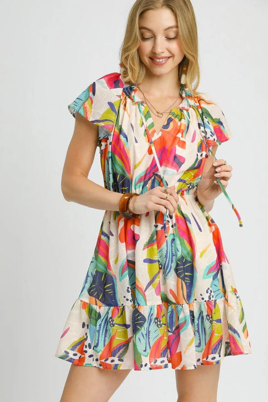 Image of Umgee Printed Tie Neck Ruffled Hem Dress | Queeble.shop