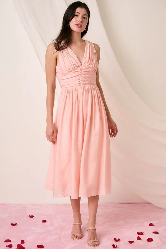 Image of Mittoshop Ruched V-Neck Sleeveless Midi Dress | Queeble.shop
