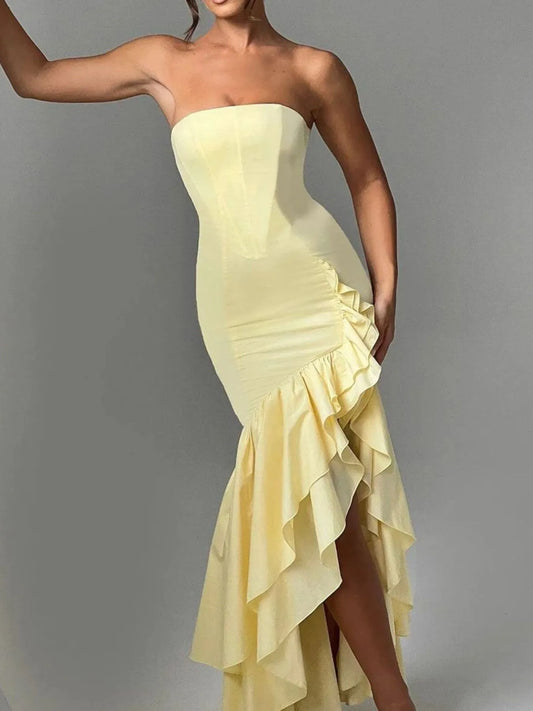 Image of Strapless Ruffle High-Low Bodycon Dress | Queeble.shop