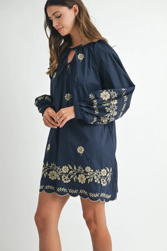 Image of MABLE Embroidered Long Sleeve Peasant Mini Dress | Queeble.shop