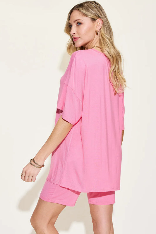 Image of Basic Bae Full Size V-Neck Drop Shoulder T-Shirt and Shorts Set | Queeble.shop