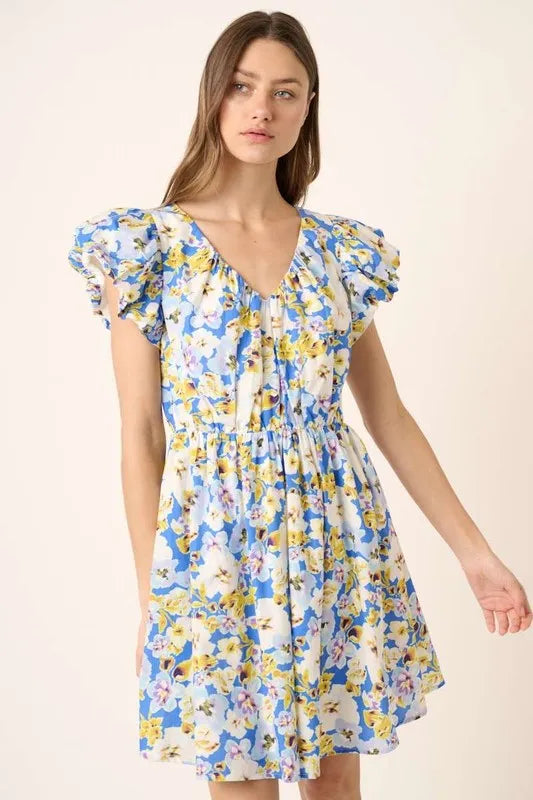 Image of Mittoshop Floral V-Neck Cap Sleeve Mini Dress | Queeble.shop