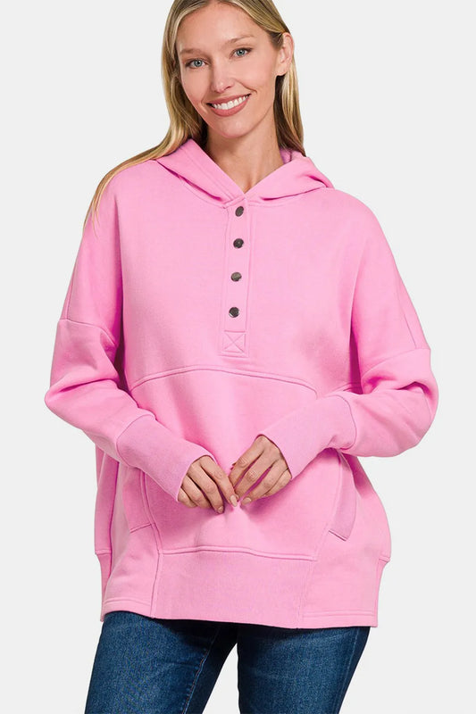 Image of Zenana Half Snap Long Sleeve Hoodie with Kangaroo Pocket | Queeble.shop
