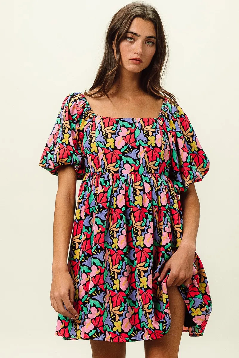 Image of BiBi Floral Print Puff Square Neck Dress | Queeble.shop