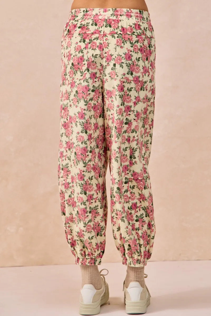 Image of BiBi Floral Printed Twill Drawstring Pants With Elastic Band | Queeble.shop