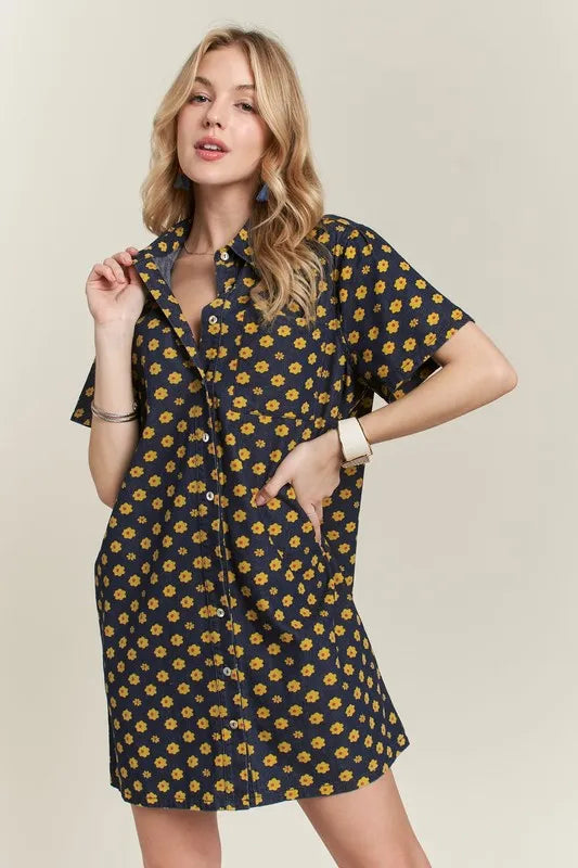 Image of ADORA Floral Button-Up Mini Denim Dress | Queeble.shop