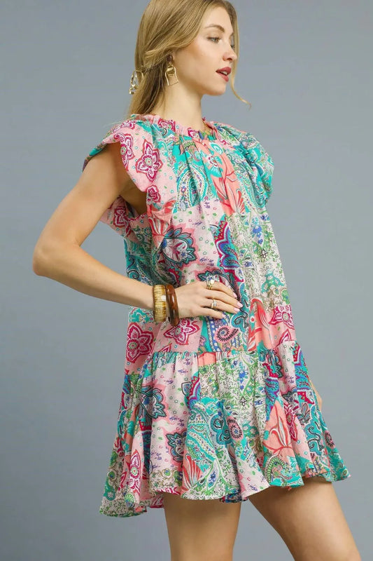 Image of Umgee Printed Ruffle Cap Sleeve Mini Dress | Queeble.shop