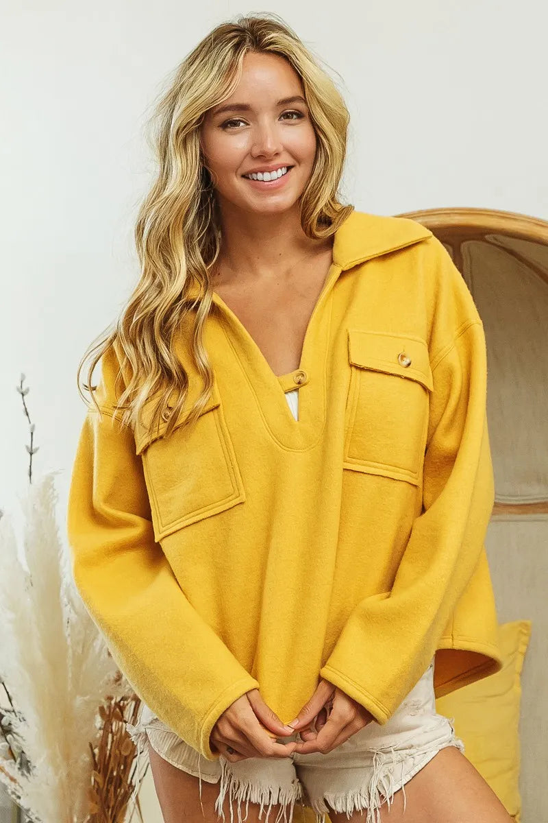 Image of BiBi Flap Pockets Fleece Collared Sweatshirt | Queeble.shop