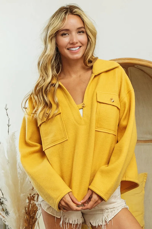 Image of BiBi Flap Pockets Fleece Collared Sweatshirt | Queeble.shop