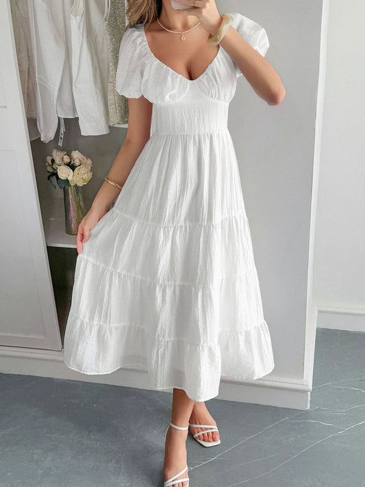 Image of V-Neck Short Sleeve Midi Dress | Queeble.shop