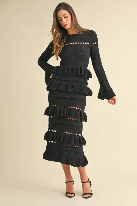 Image of MABLE Long Sleeve Tiered Ruffle Knit Midi Dress | Queeble.shop