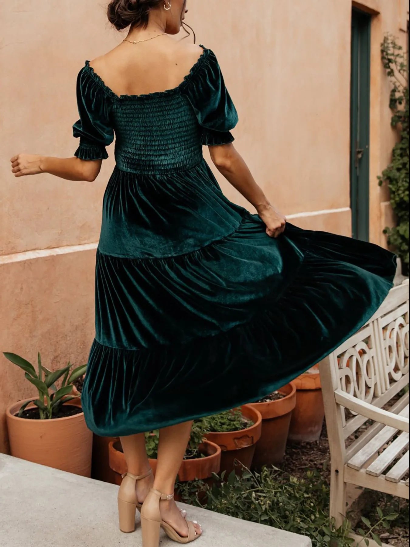 Image of Smocked Half Sleeve Tiered Midi Dress | Queeble.shop