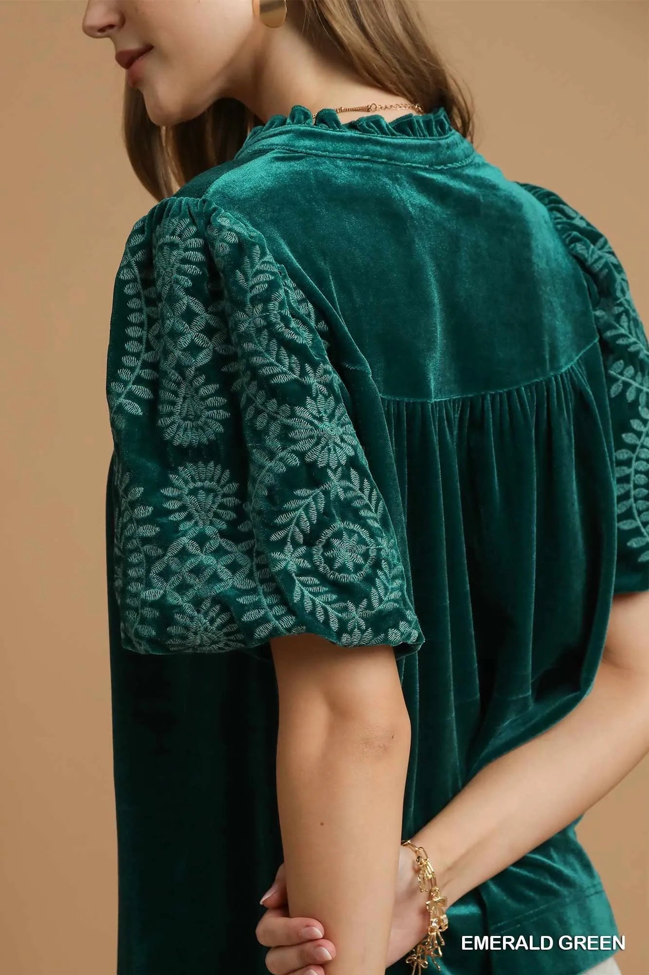 Image of Umgee Velvet Embroidered Sleeve Blouse | Queeble.shop