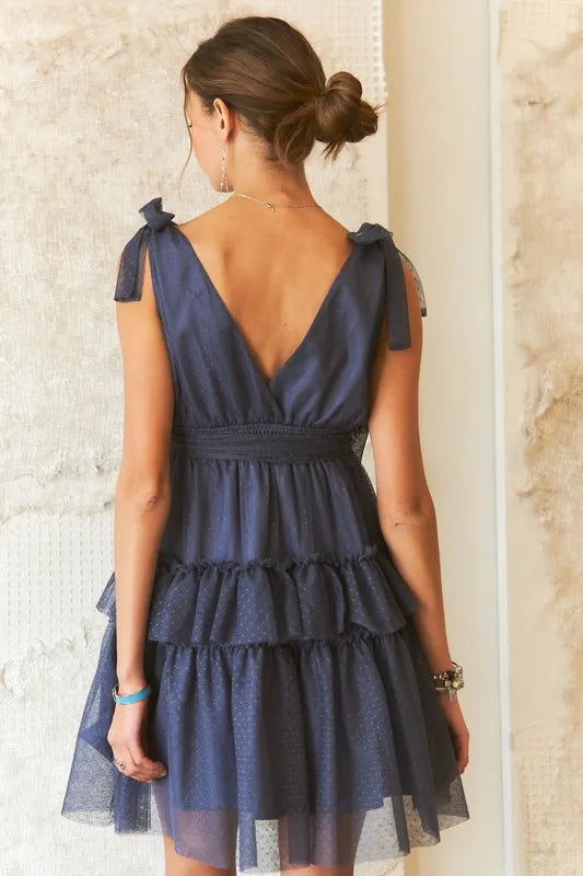 Image of ADORA Tie Shoulder Polka Dot Mesh Dress | Queeble.shop