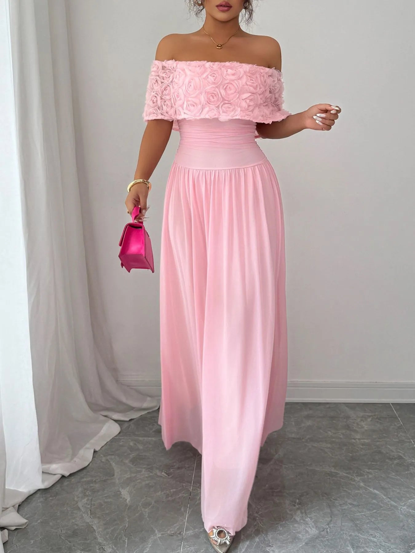 Image of Off-Shoulder Rose Embellished Maxi Dress | Queeble.shop