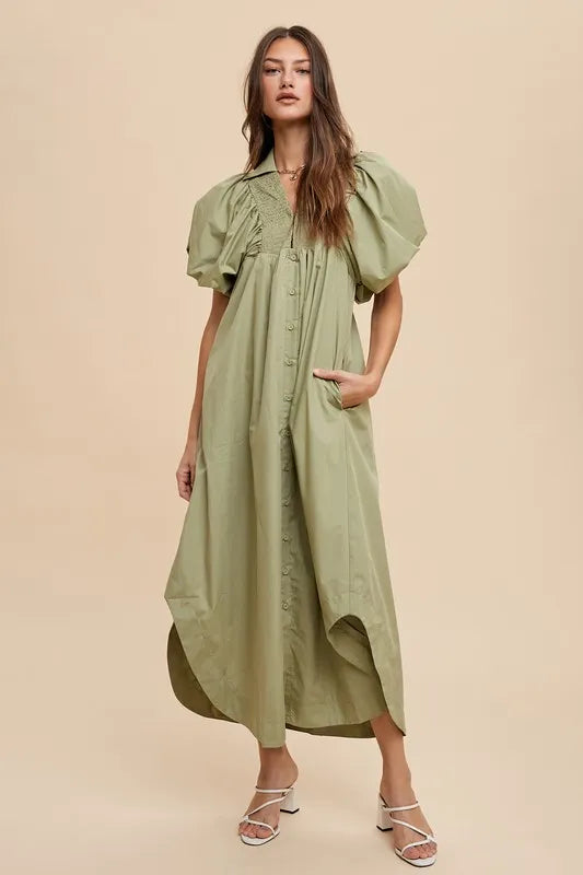 Image of Annie Wear Smocked Puff Sleeve Midi Dress | Queeble.shop