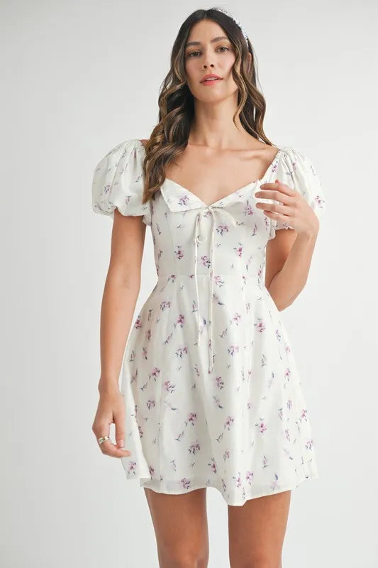 Image of MABLE Floral Print Puff Sleeve Mini Dress | Queeble.shop