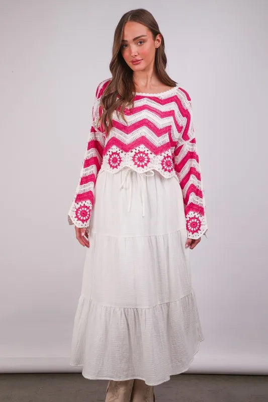 Image of VERY J Chevron/Floral Pattern Crochet Knit Top | Queeble.shop