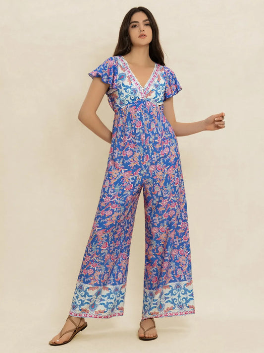 Image of Printed V-Neck Wide Leg Jumpsuit | Queeble.shop