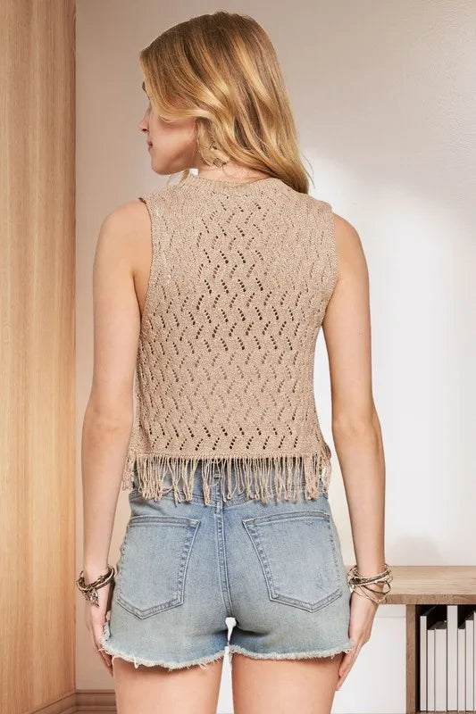 Image of ADORA Fringe Hem Lurex Crochet Vest Top | Queeble.shop