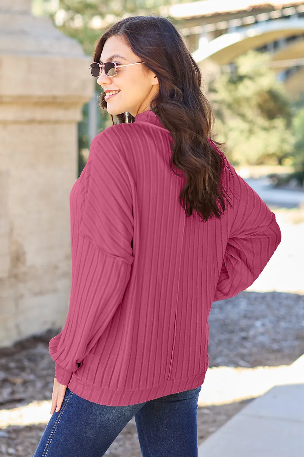 Image of Basic Bae Full Size Ribbed Exposed Seam Mock Neck Knit Top | Queeble.shop