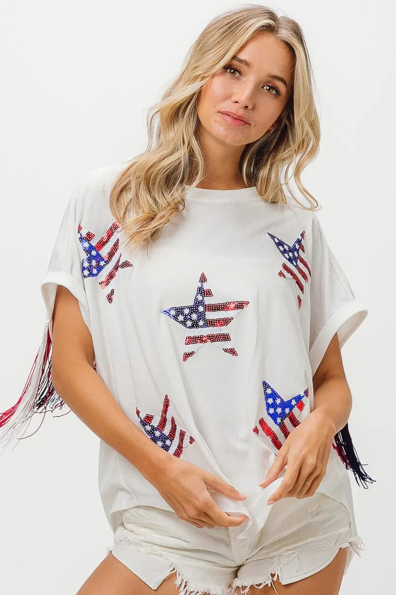 Image of BiBi American Flag Sequin Star Fringe Top | Queeble.shop