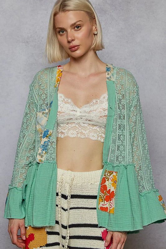 Image of POL Lace Ruffled Hem Open Front Cardigan | Queeble.shop
