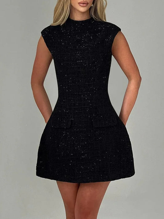 Image of Cutout Back Round Neck Cap Sleeve Mini Dress | Queeble.shop