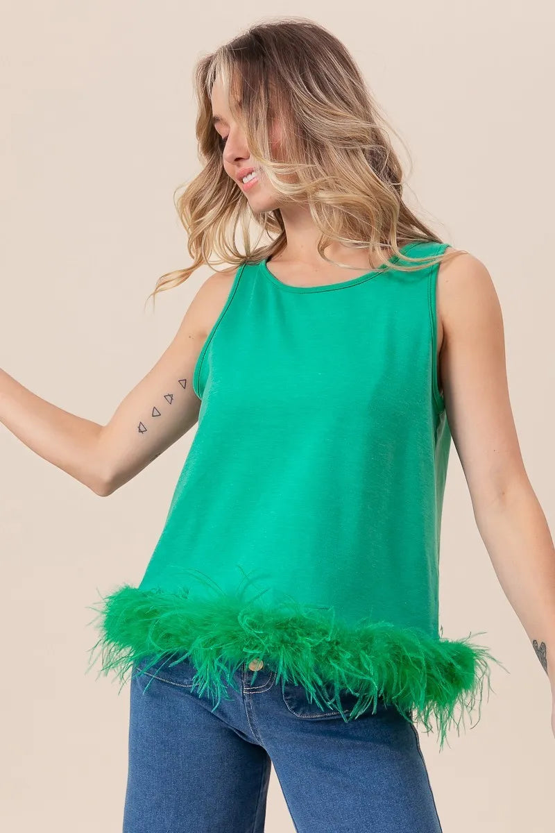 Image of BiBi French Terry Faux Feather Bottom Back Tied Top | Queeble.shop