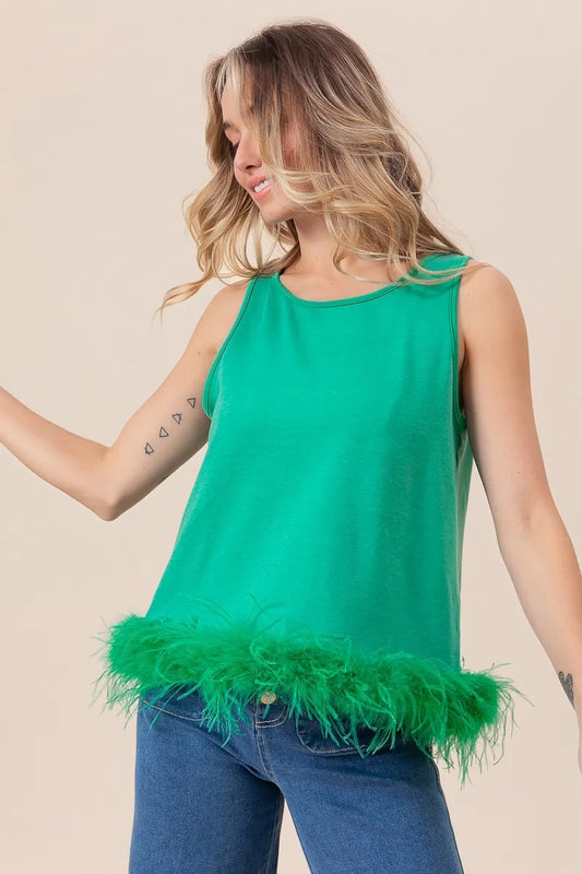Image of BiBi French Terry Faux Feather Bottom Back Tied Top | Queeble.shop