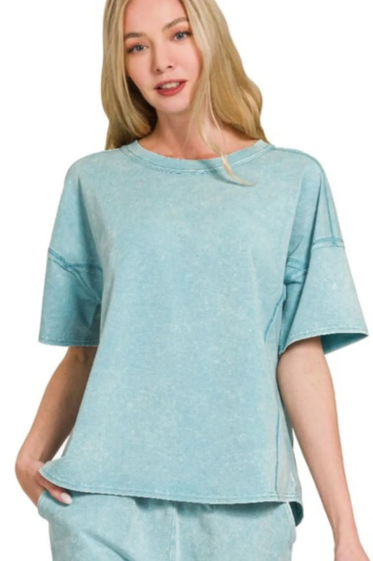 Image of Zenana Acid Washed Short Sleeve Tee & Shorts Set | Queeble.shop
