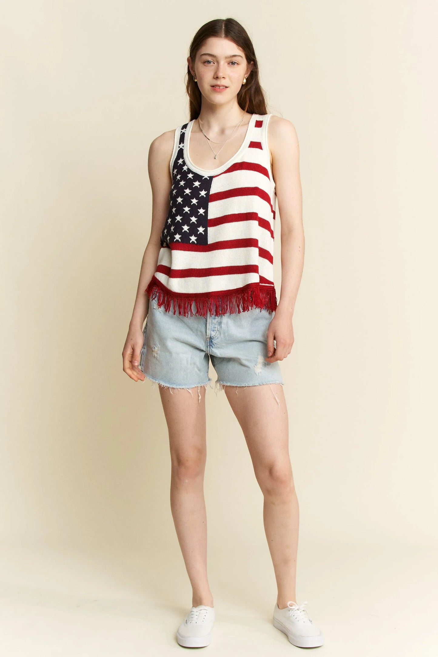 Image of Jade By Jane Full Size American Flag Fringe Tank Top Plus Size | Queeble.shop