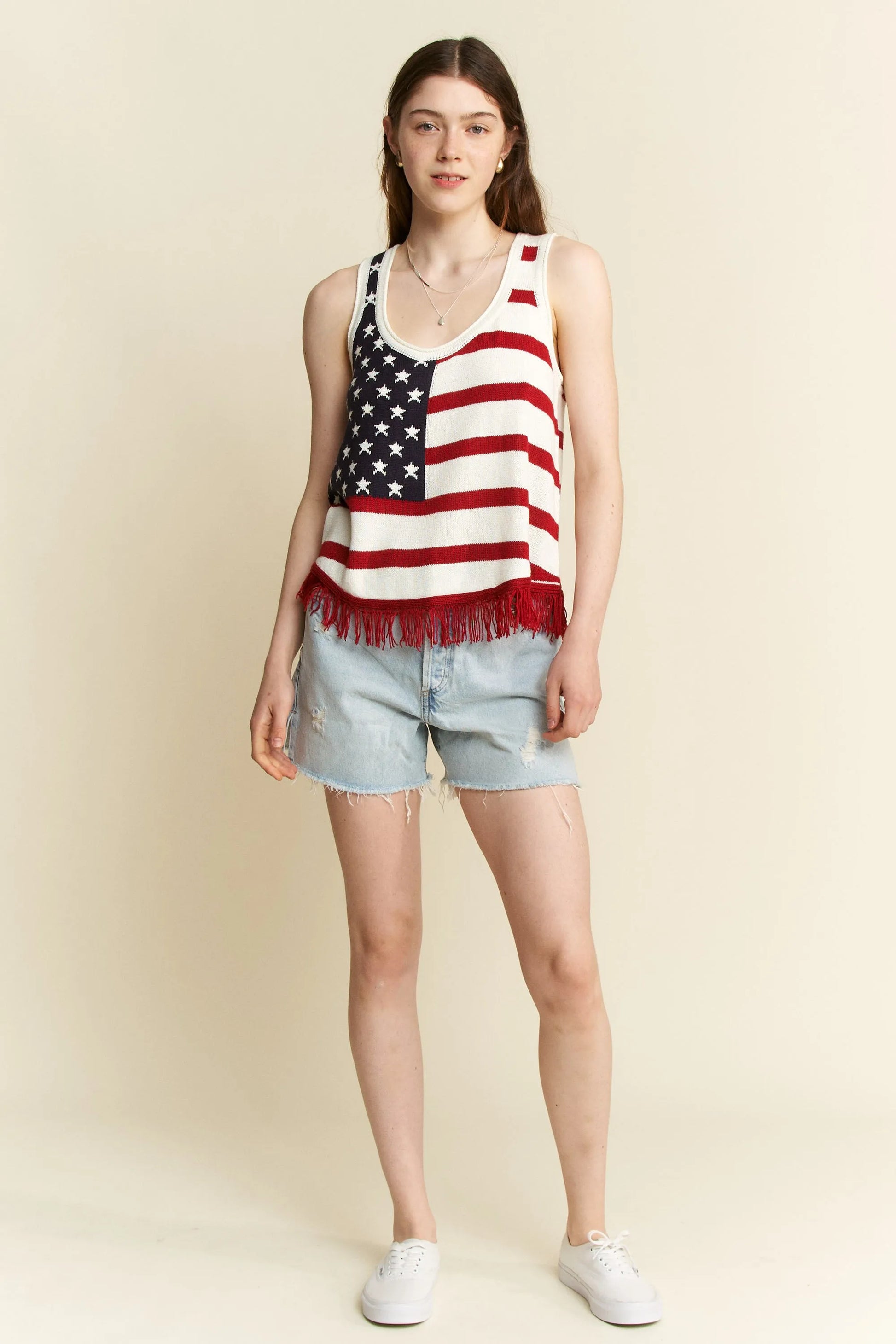 Image of Jade By Jane Full Size American Flag Fringe Tank Top Plus Size | Queeble.shop