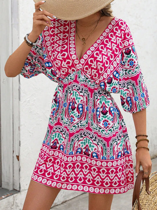 Image of Printed Tie Back Half Sleeve Mini Dress | Queeble.shop