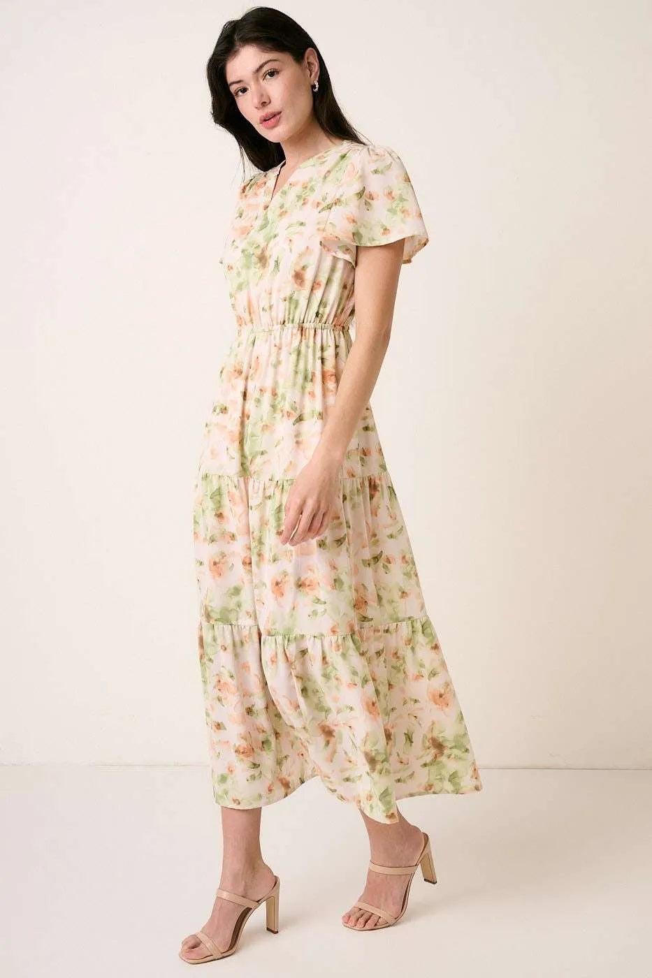 Image of Mittoshop Flower Print Flutter Sleeve V Slit Maxi Dress | Queeble.shop